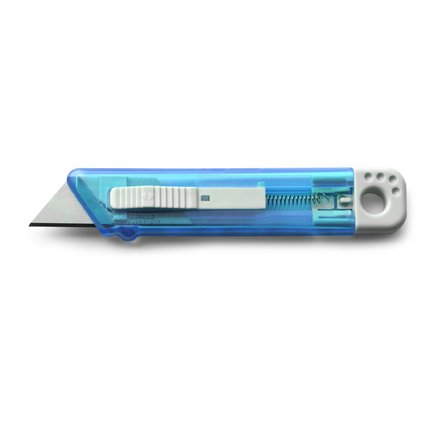 Cutter Transparente Con Retroceso Automatico De Seguridad. Azul Celeste